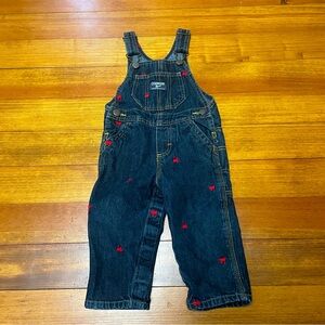 OshKosh B'gosh Dark Blue Denim Overalls with Red Embroidered Trains Size 12 Mon